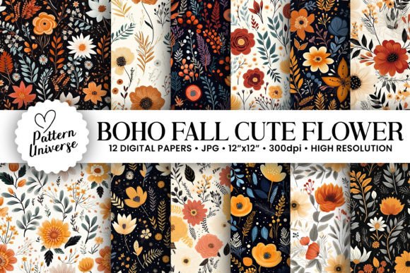 Download Boho Fall Cute Flowers Seamless Patterns - Seamless patterns Collection